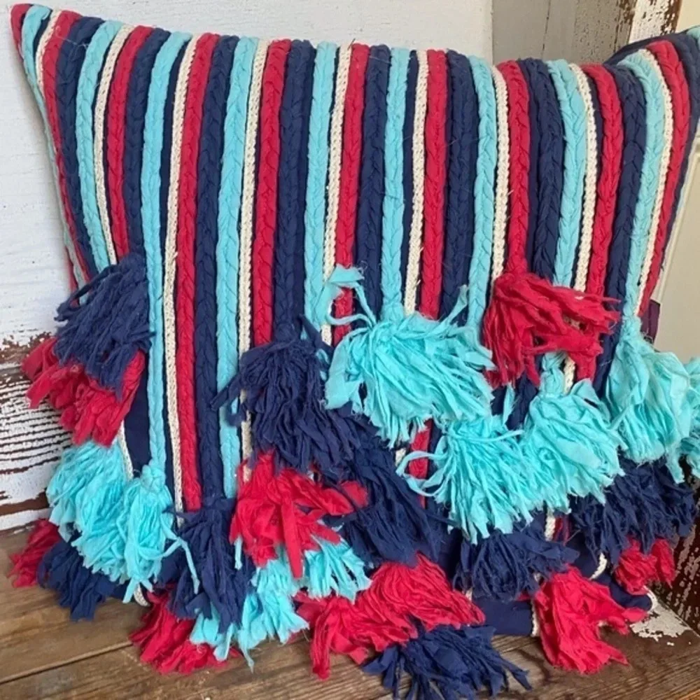Red and Blue Tassel Striped Throw Pillow